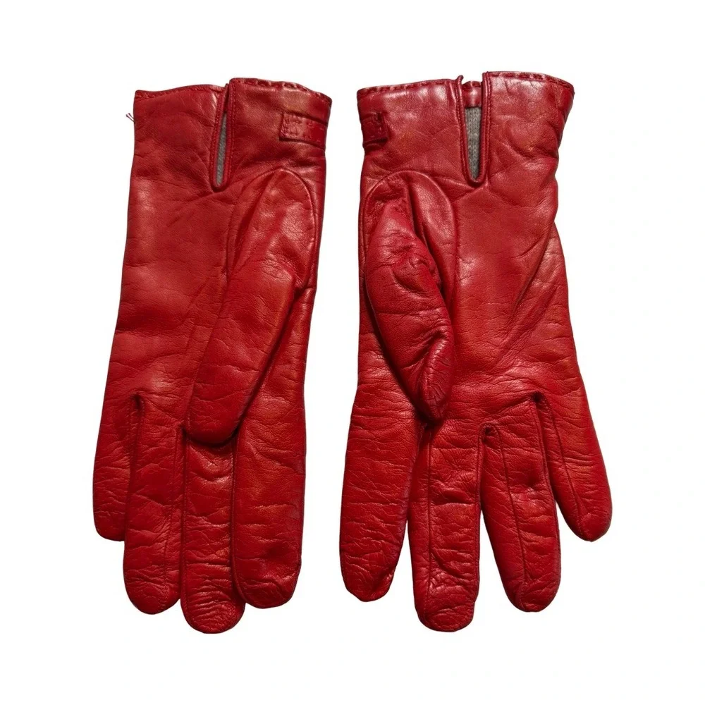 Sermoneta Red Leather Cashmere Lined Gloves Gold Chain Detail Size 7.5 Italy